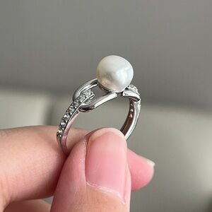 SOLD Genuine Freshwater Pearl CZ Silver Copper Adjustable Ring